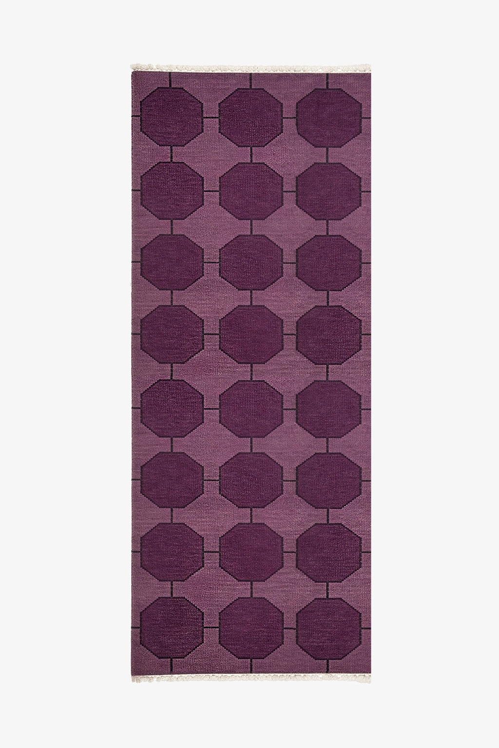 Purple patterned runner rug on a white background | 3x8
