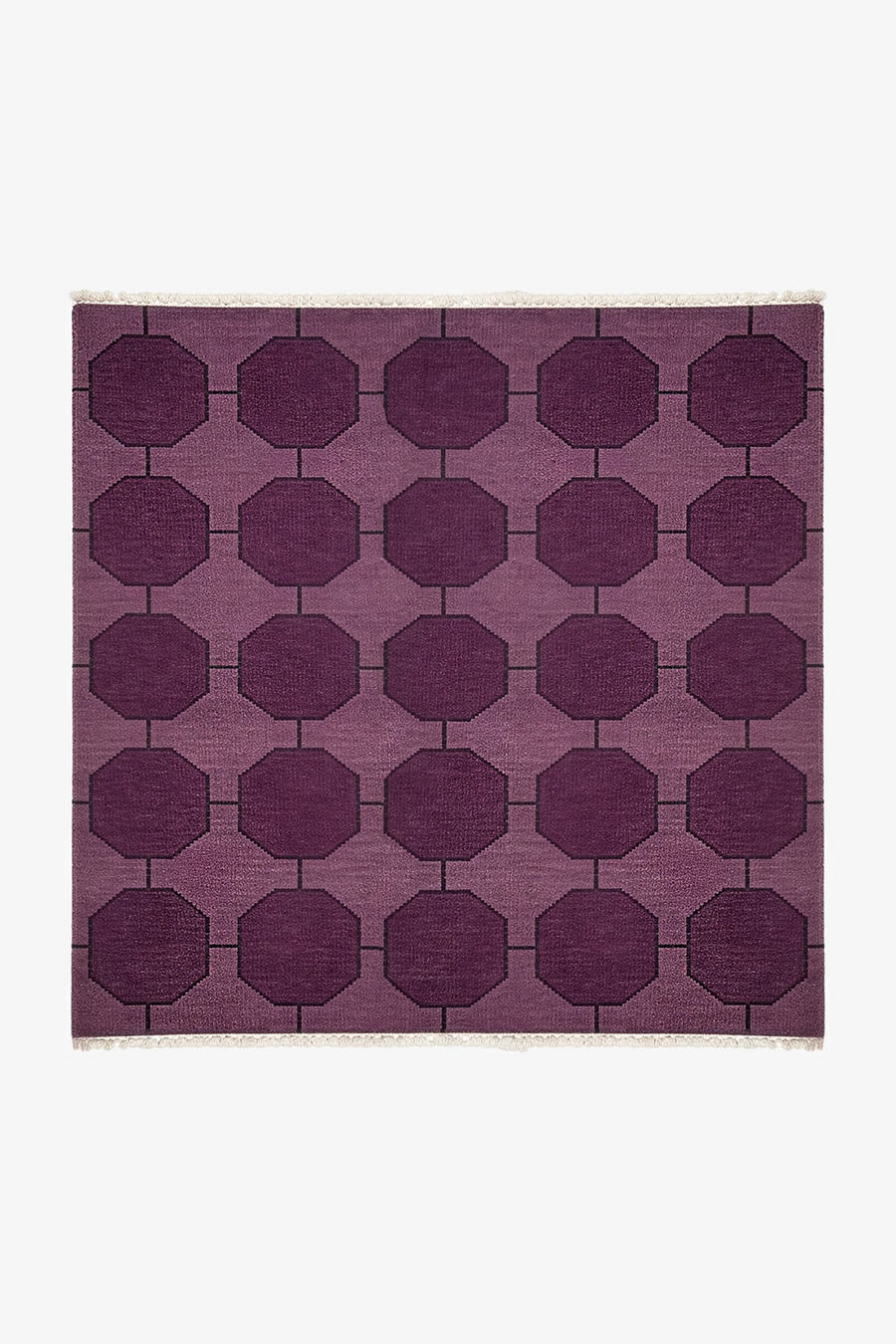 Purple square rug with geometric pattern on a white background