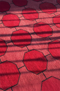 Close-up of a red geometric patterned rug in the sun