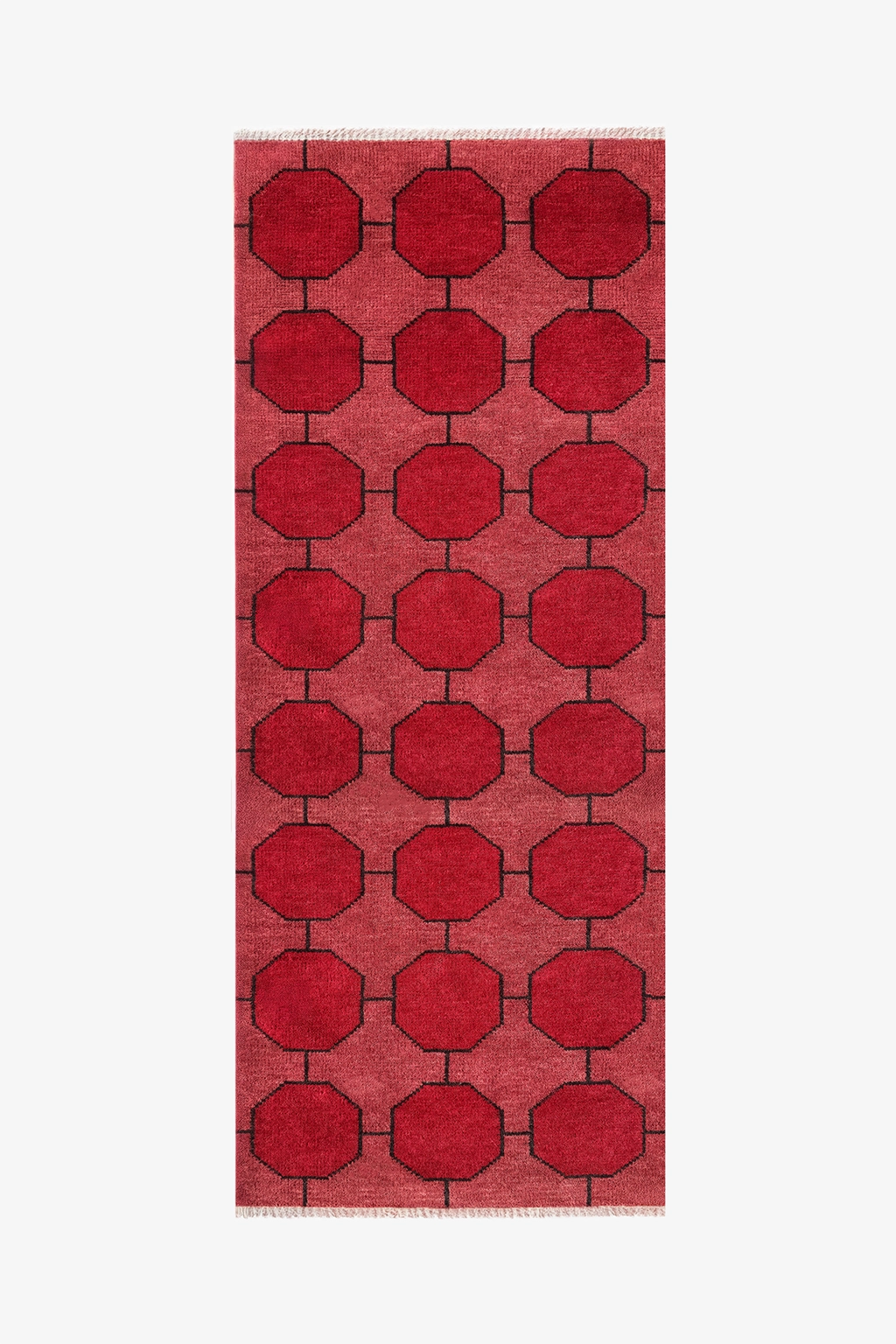 Red patterned  runner rug with geometric design on a white background | 3x8