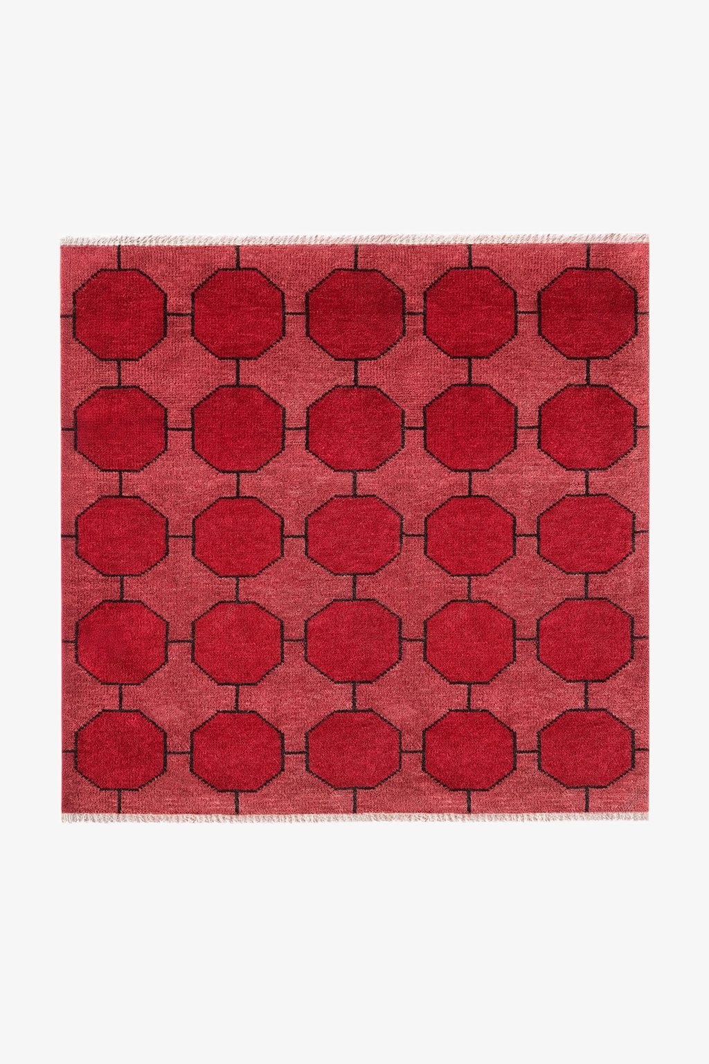 Red square rug with a geometric pattern on a white background | 5x5