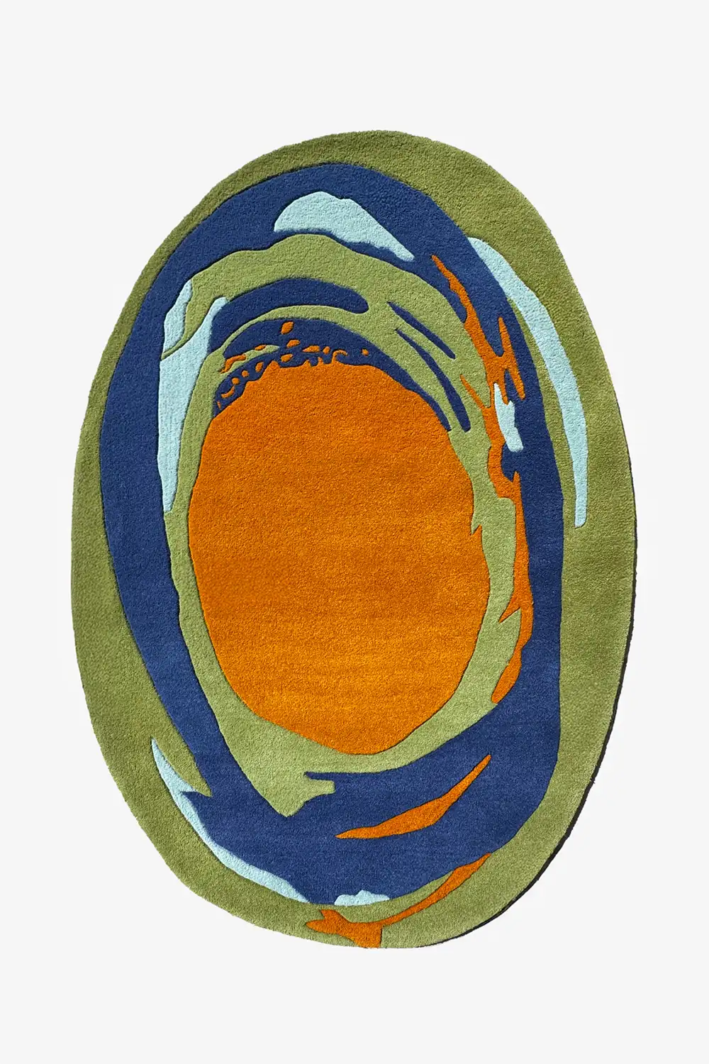 Colorful oval abstract rug in blue, green, and orange tones, a modern irregular shaped area rug for living rooms