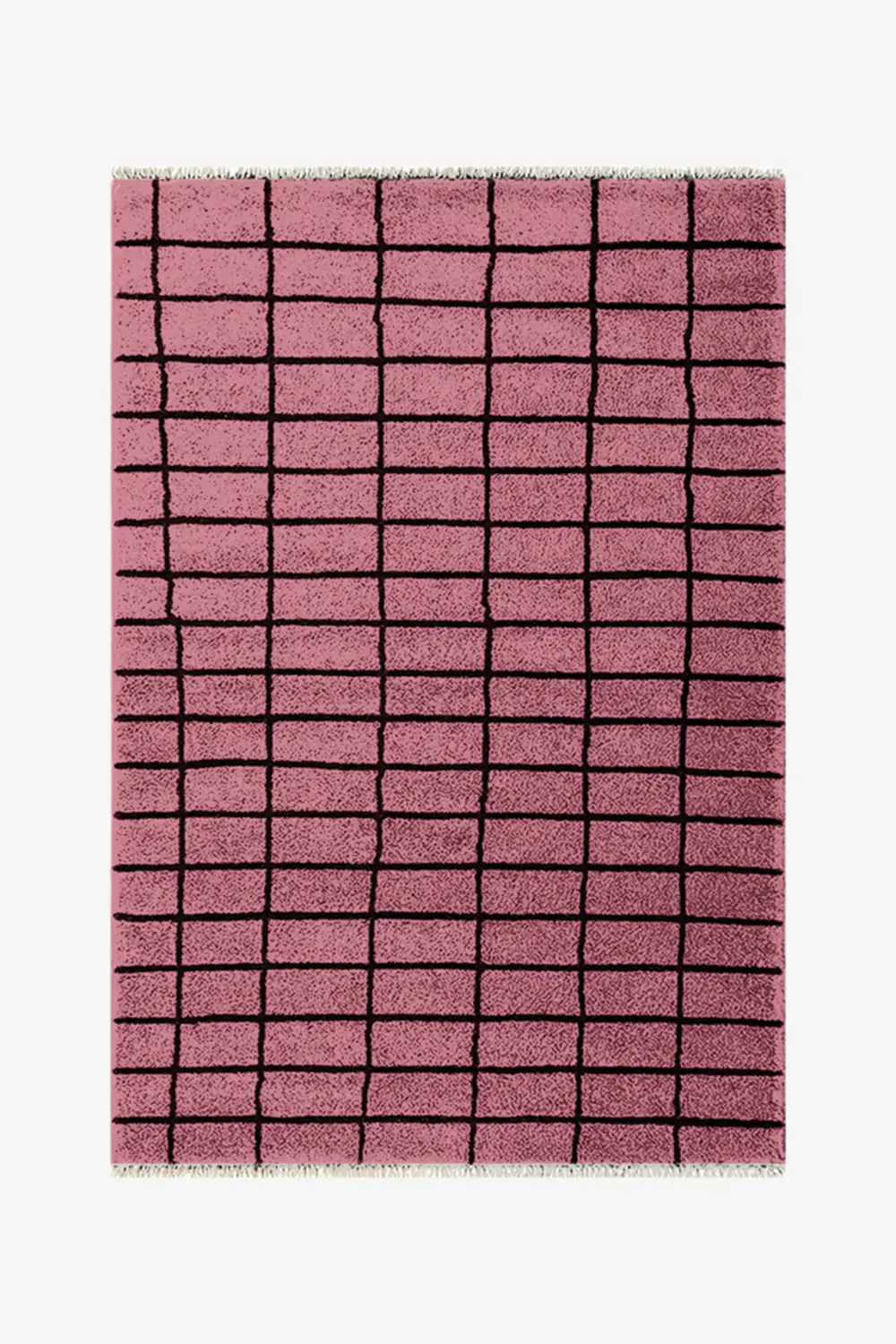Pink checkered rug with black lines on a white background
