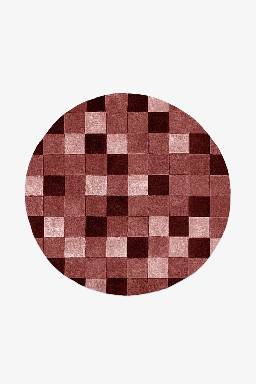 round checkered wool rug in burgundy pink tones perfect for modern boho or rustic interiors, size 9x9