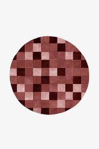 round checkered wool rug in burgundy pink tones perfect for modern boho or rustic interiors, size 9x9
