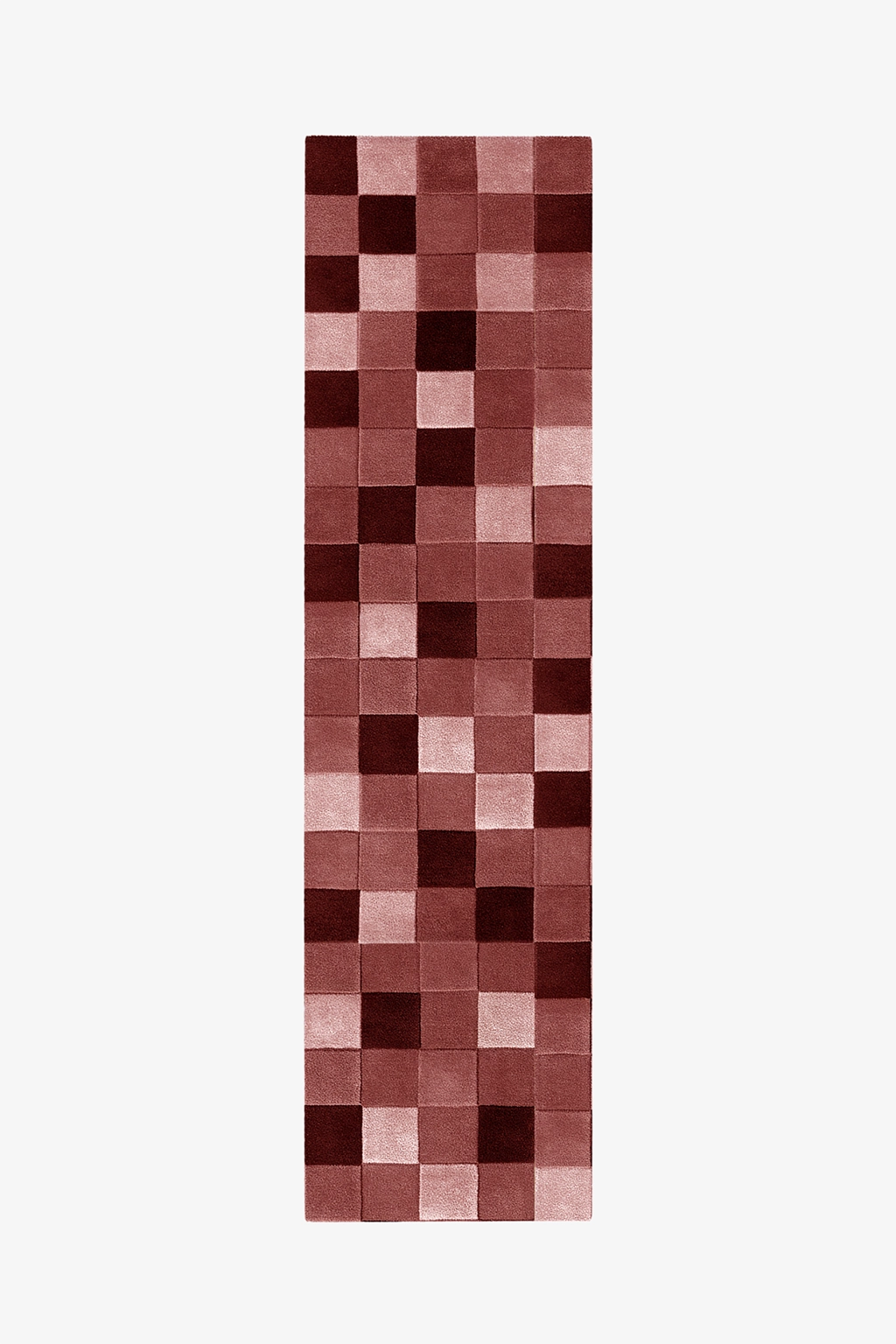 Checkered runner rug with burgundy and pink squares on a white background