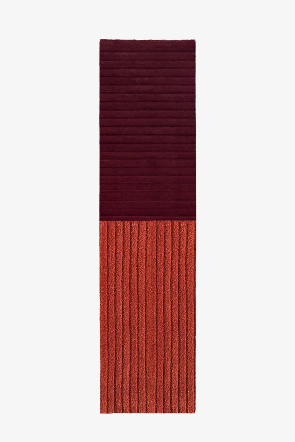 Two-tone red and burgundy textured runner rug on a white background