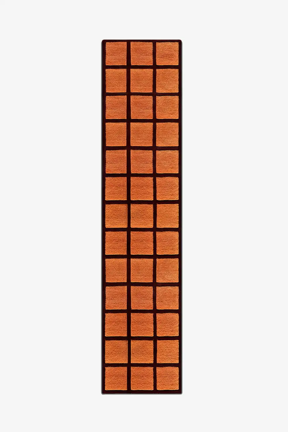 orange checkered tile runner rug with burgundy grid lines hand tufted in wool