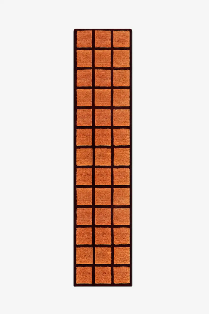 orange checkered tile runner rug with burgundy grid lines hand tufted in wool