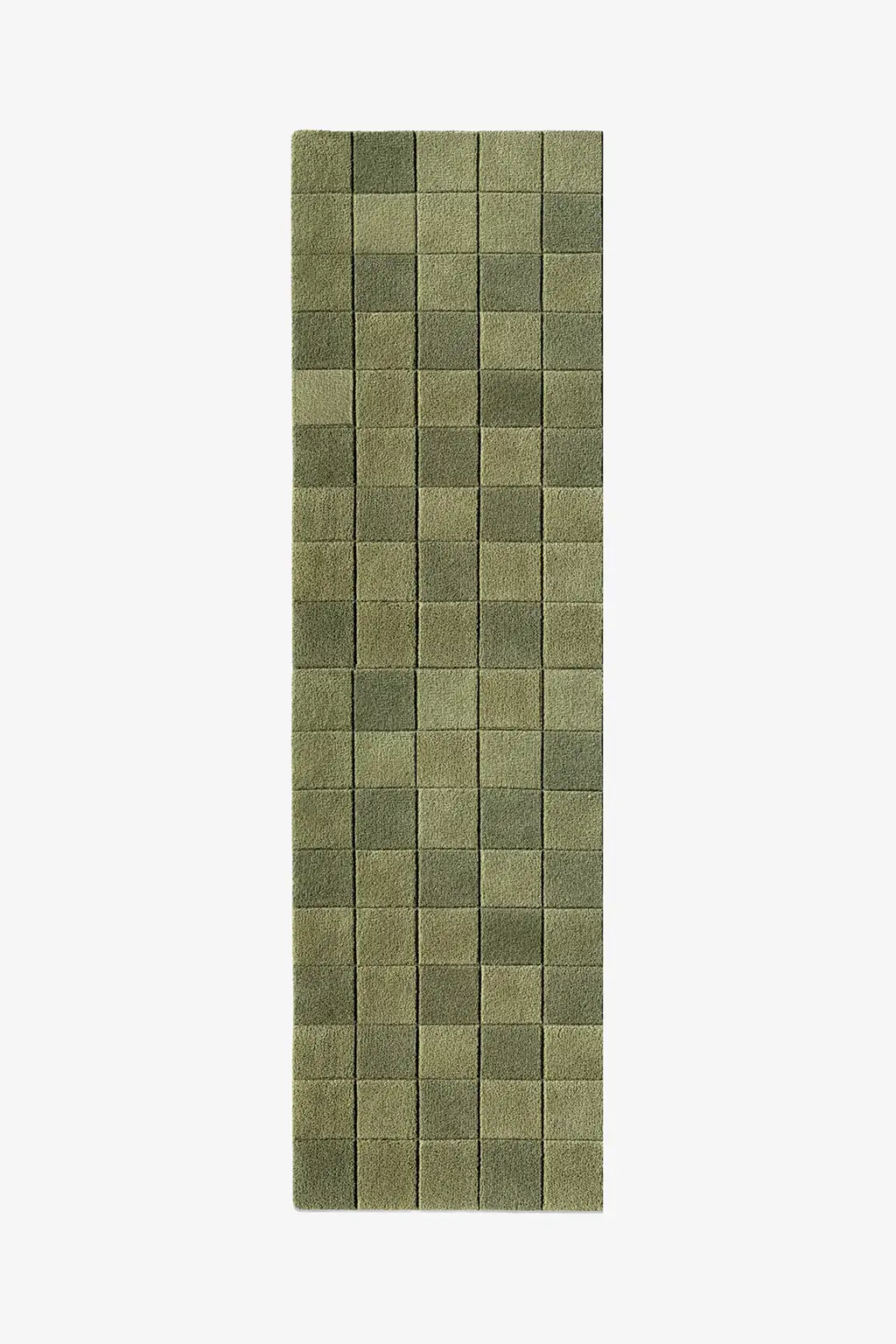 olive green checkered runner rug on a white background