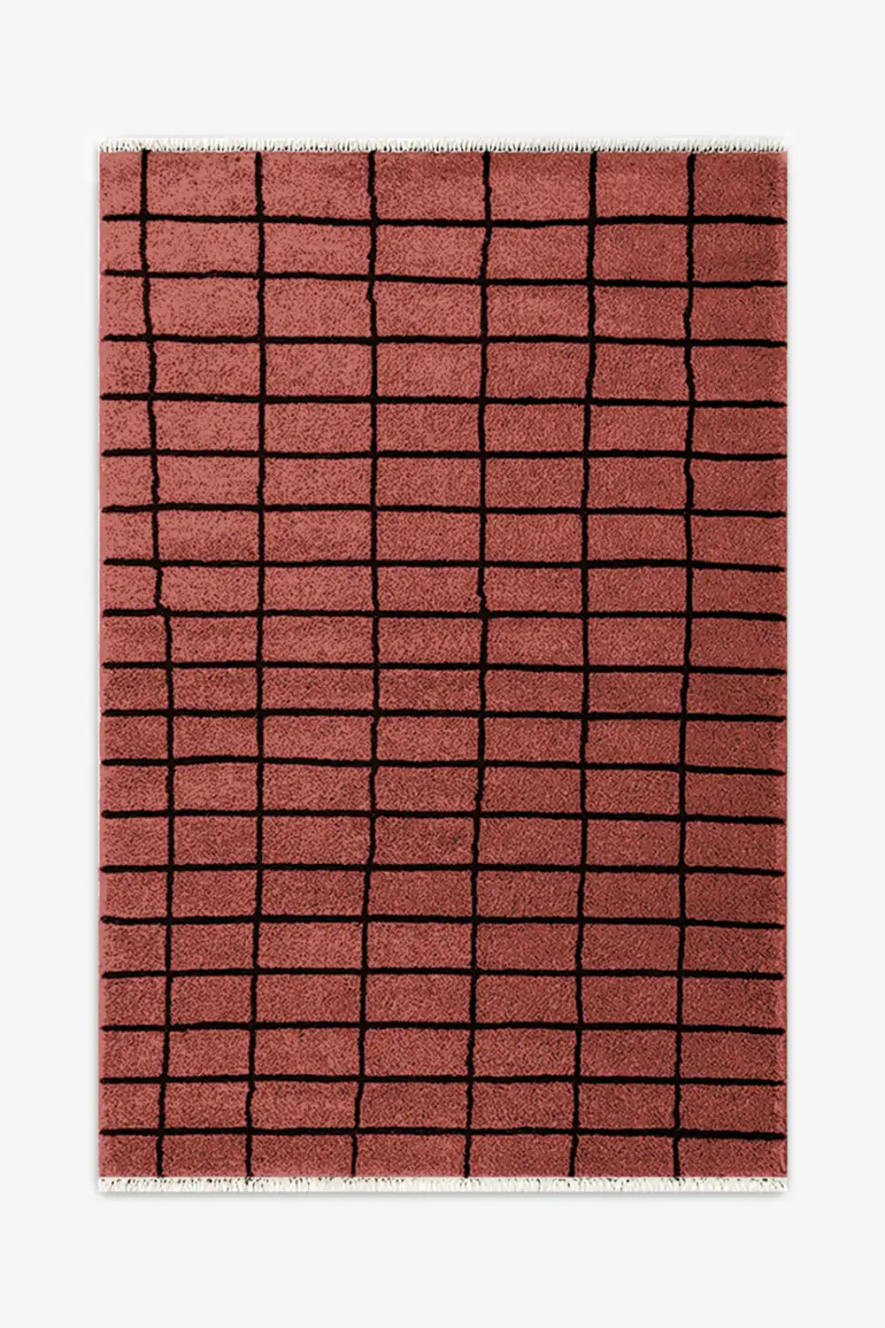 rust wool rug with a black grid pattern on a white background