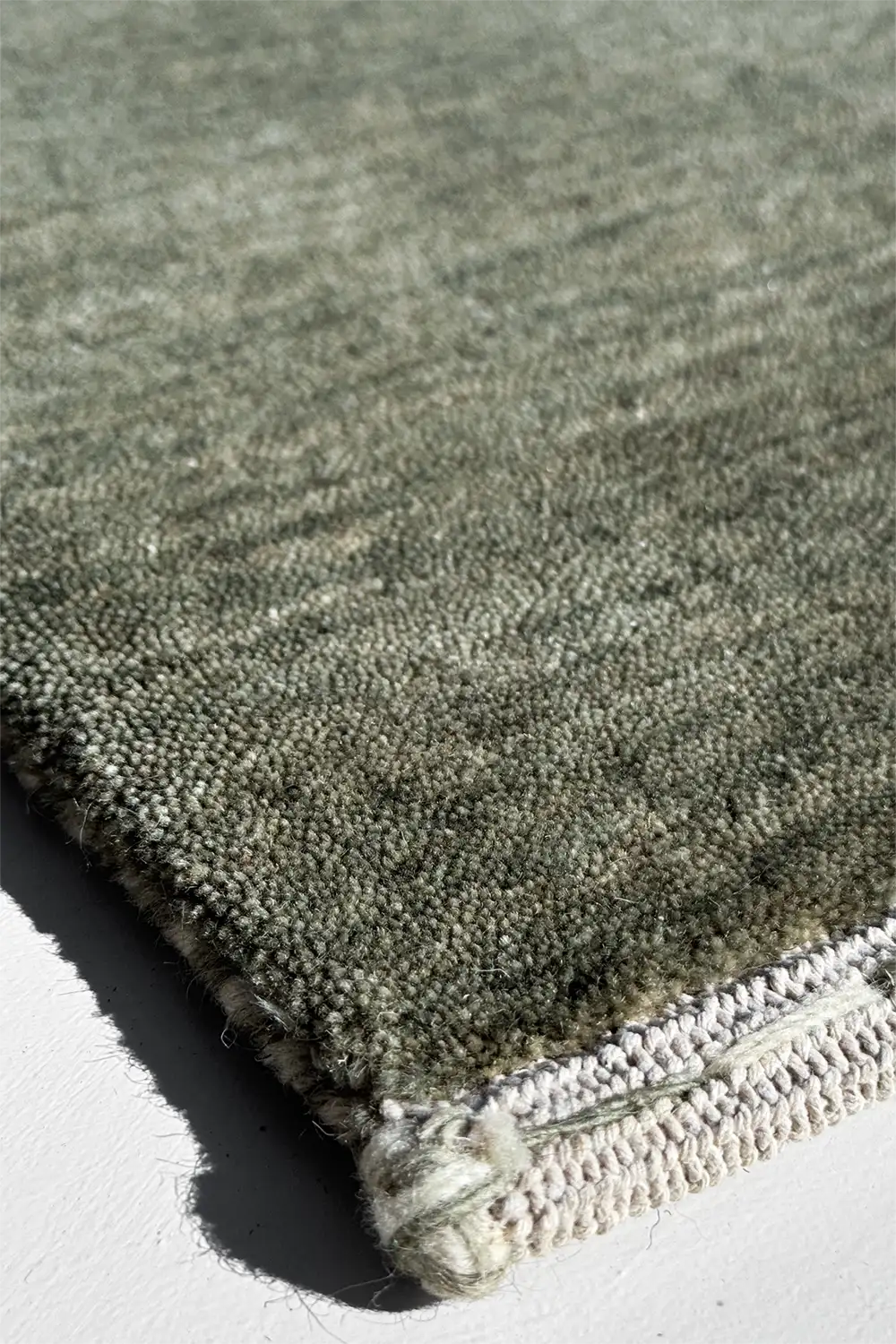 Close-up of a textured green rug with a white border on a light gray background