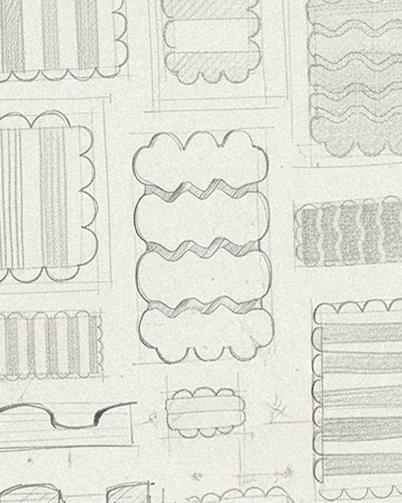 Pattern of various geometric rug shapes and lines on a white background