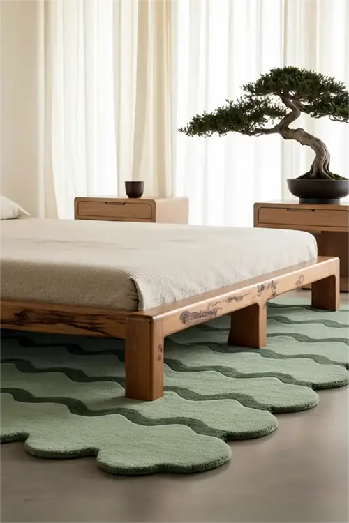 Bedroom with wooden bed, green wavy rug, and bonsai tree.