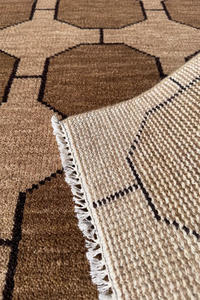 neutral beige wool knotted area rug with retro inspired geometric pattern taupe