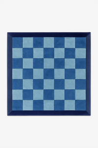 square rug with blue and light blue checkered pattern with a deep navy border in wool on a white background