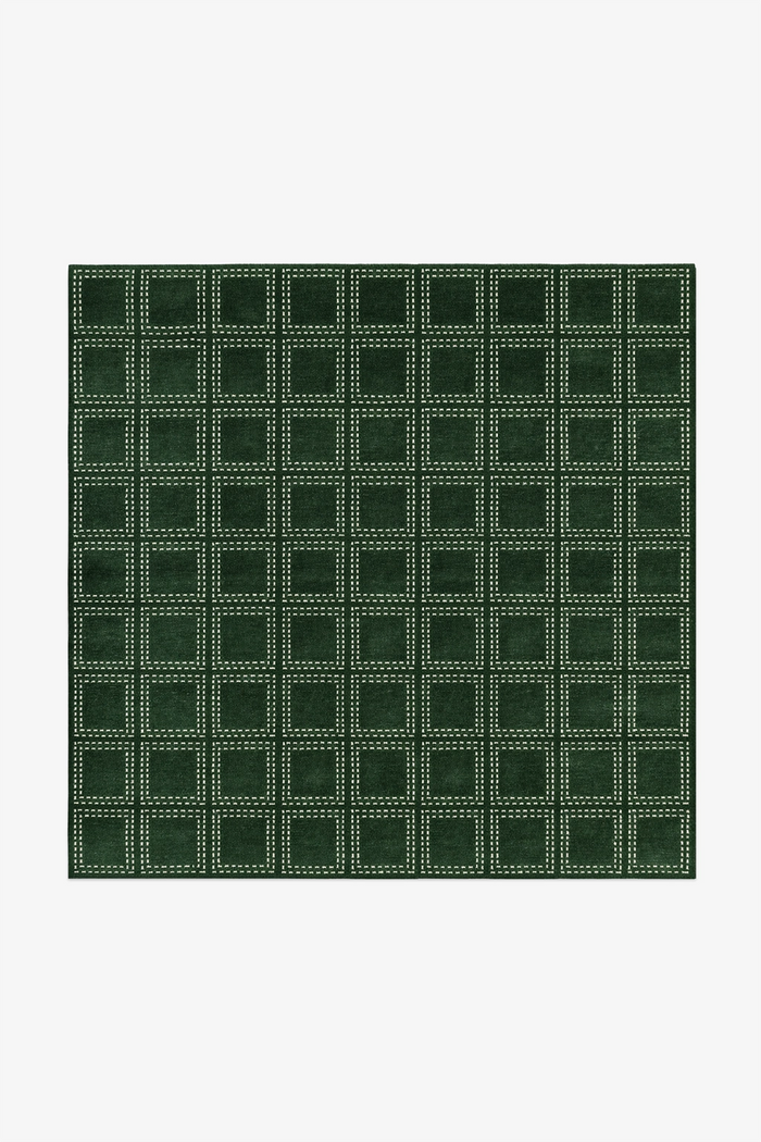 9x9 square rug with green checkered pattern in hand-knotted wool