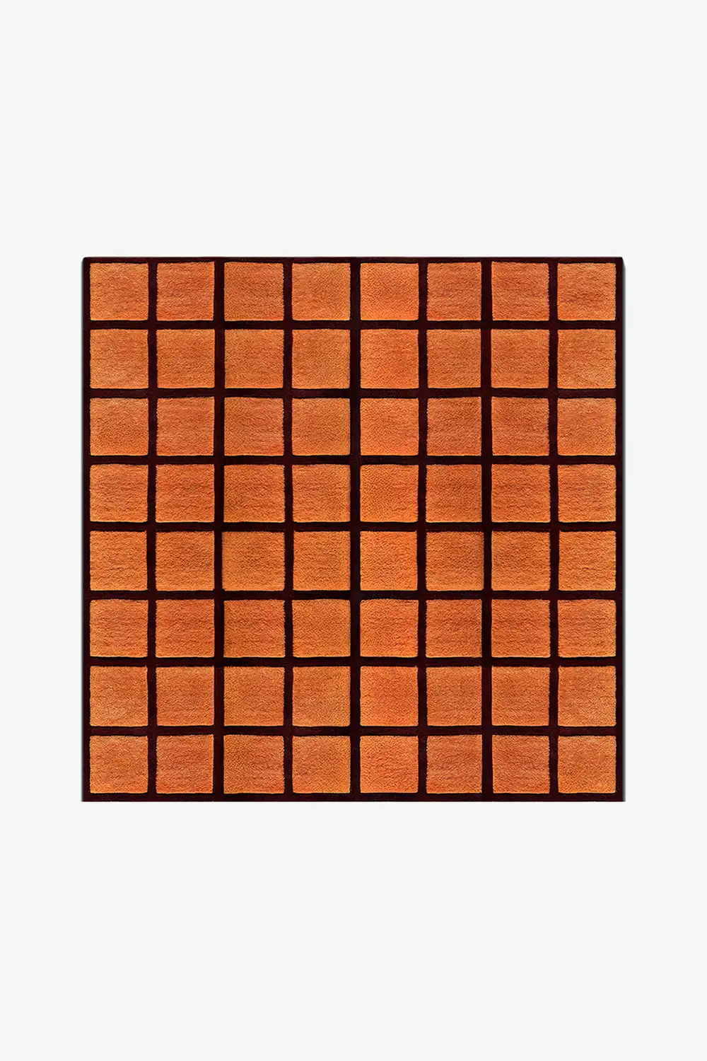 square wool rug with orange tiled pattern framed by deep burgundy wool gridlines