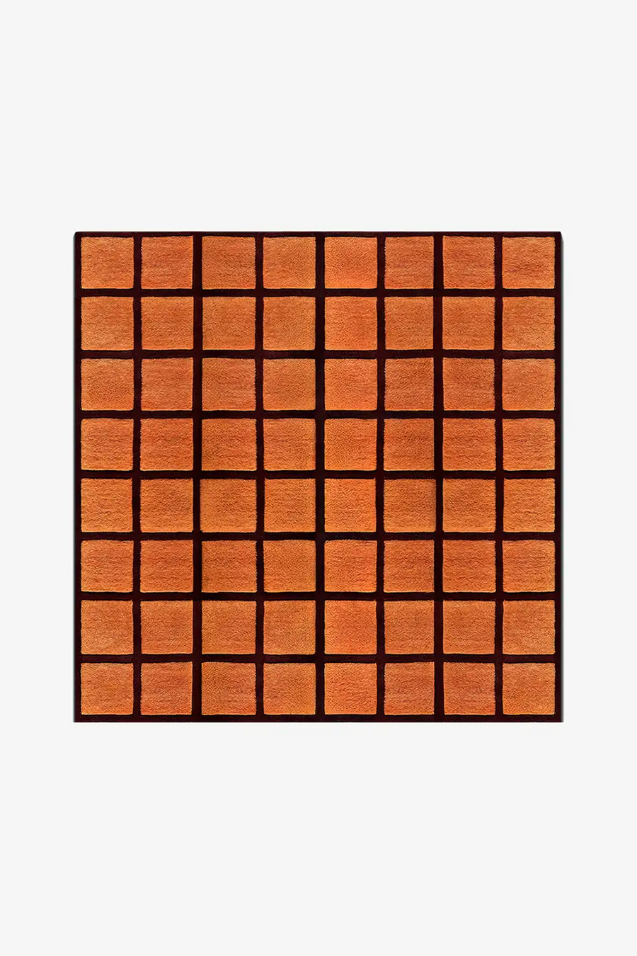 square wool rug with orange tiled pattern framed by deep burgundy wool gridlines