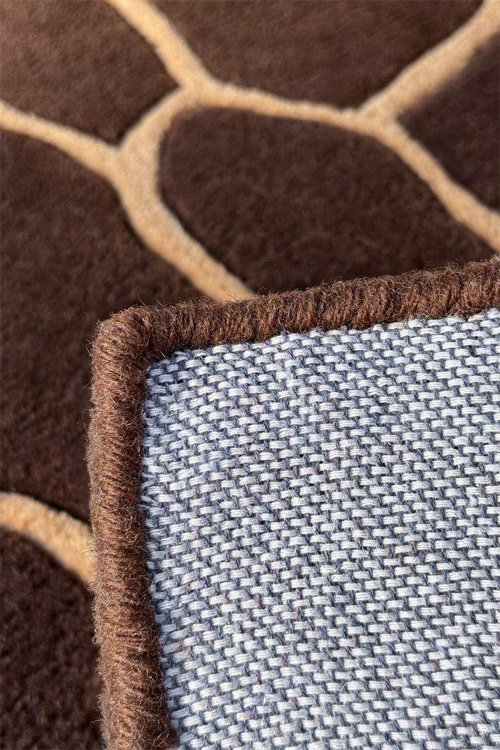 Close-up of a brown and beige patterned square rug corner with a textured blue border.