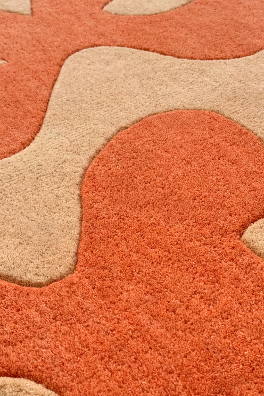 Close-up of a textured orange and beige square floral rug