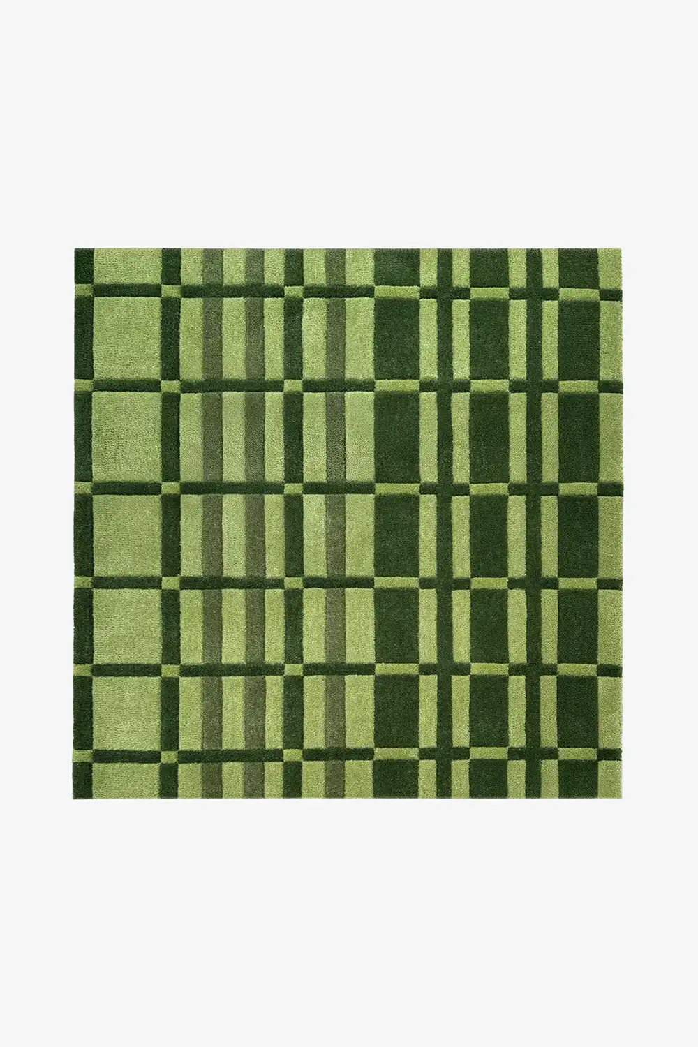green geometric square rug with retro striped checkered design hand tufted wool
