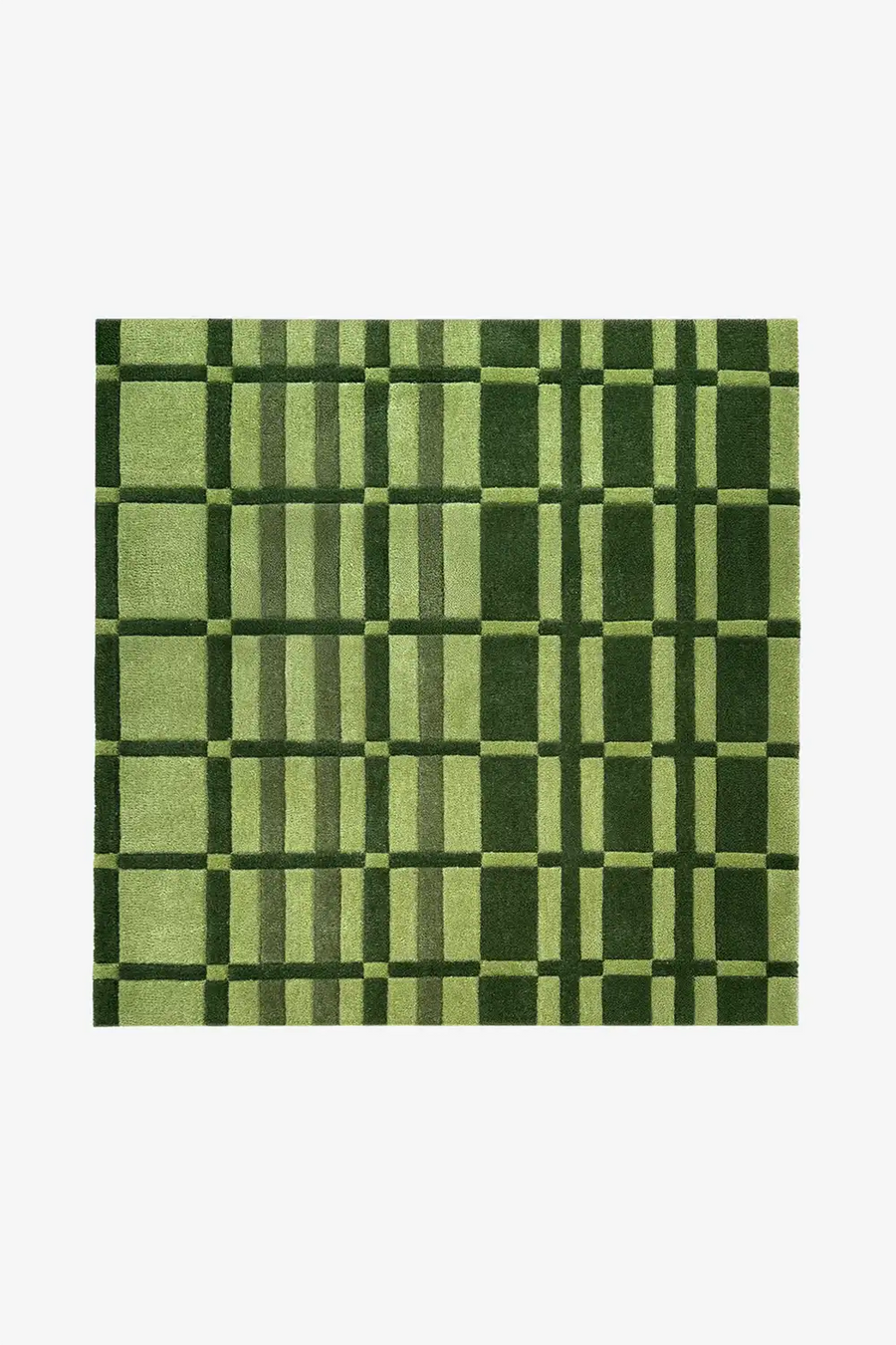 green geometric square rug with retro striped checkered design hand tufted wool