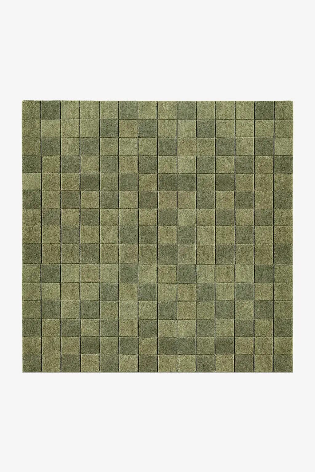 square rug with olive green checkerboard pattern