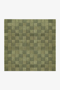 square rug with olive green checkerboard pattern