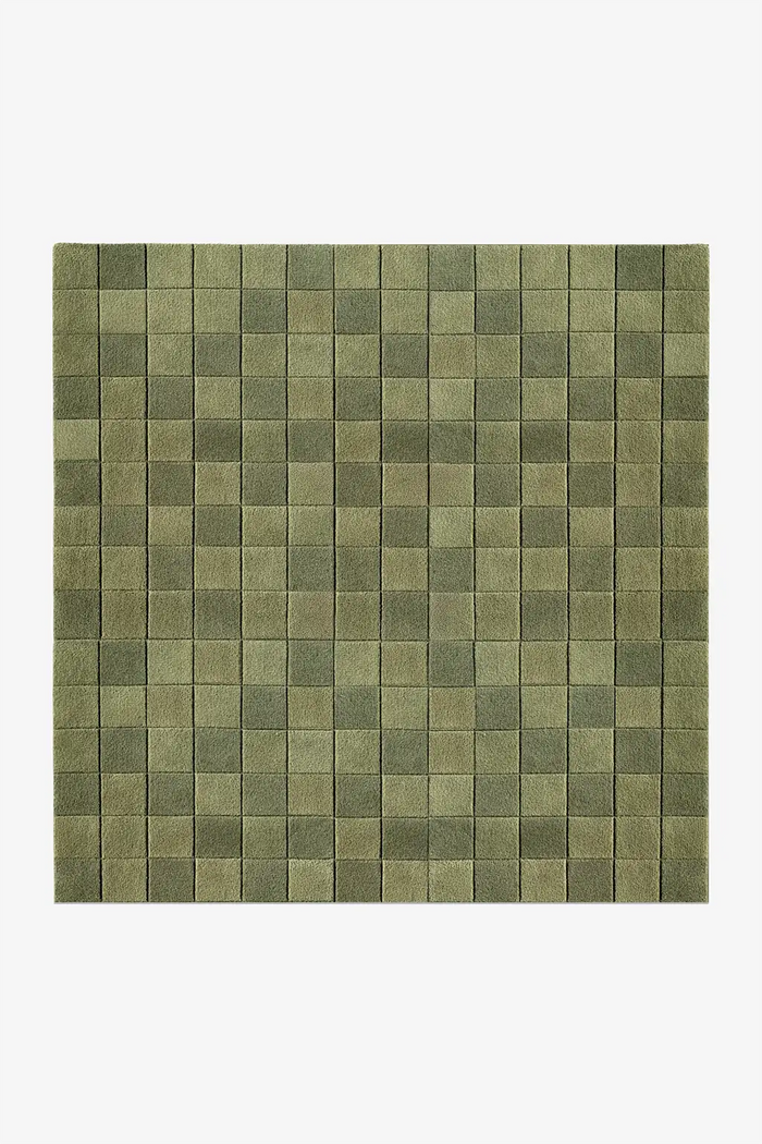 square rug with olive green checkerboard pattern