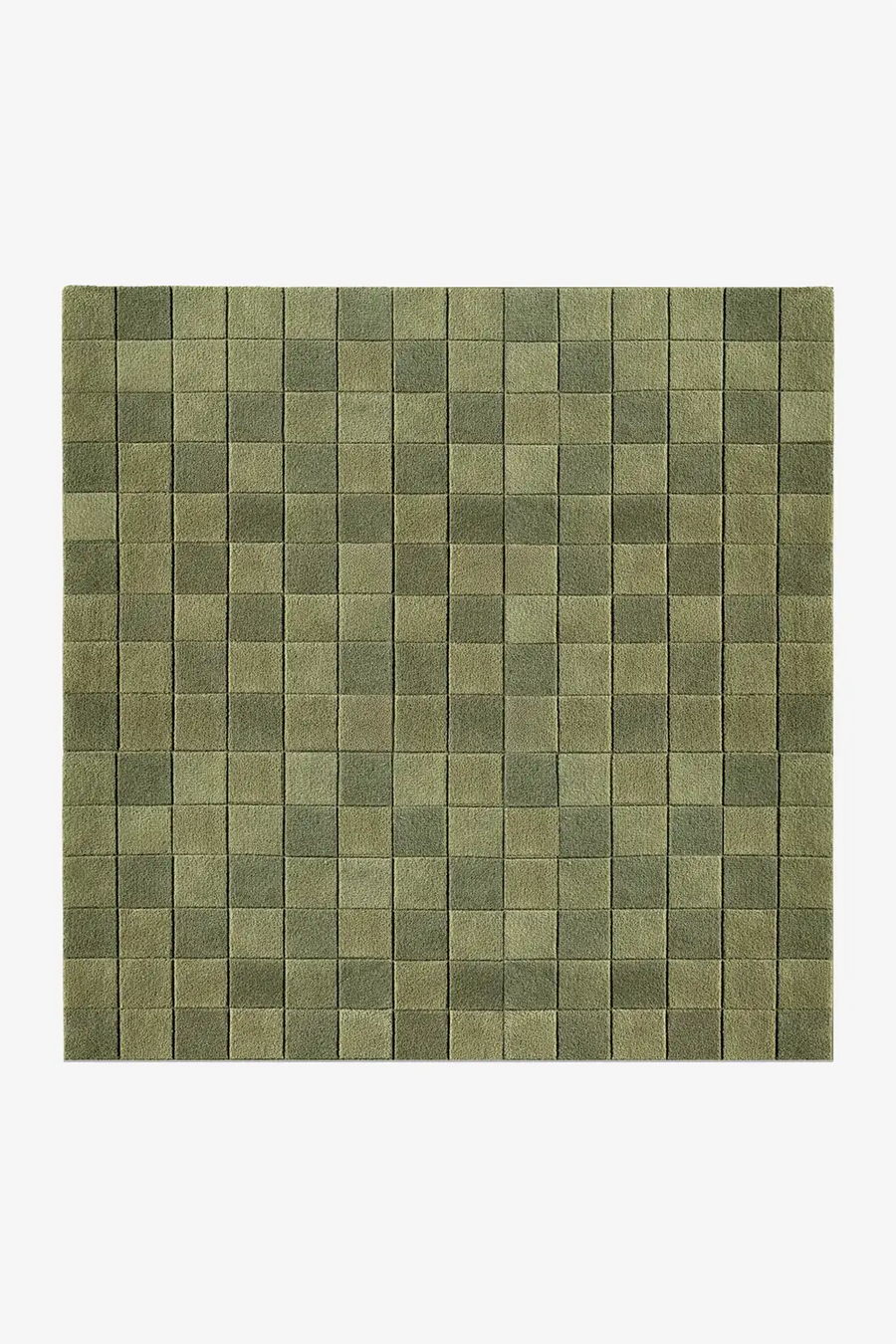 square rug with olive green checkerboard pattern