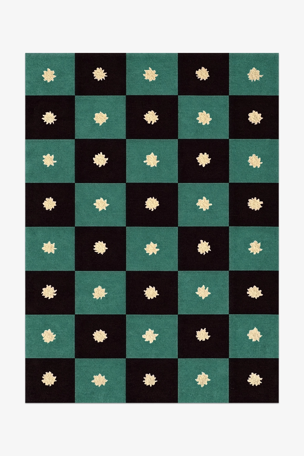 black and green checkered rug with star patterns on a white background