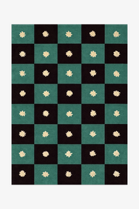 black and green checkered rug with star patterns on a white background