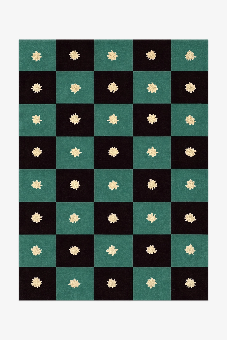 black and green checkered rug with star patterns on a white background