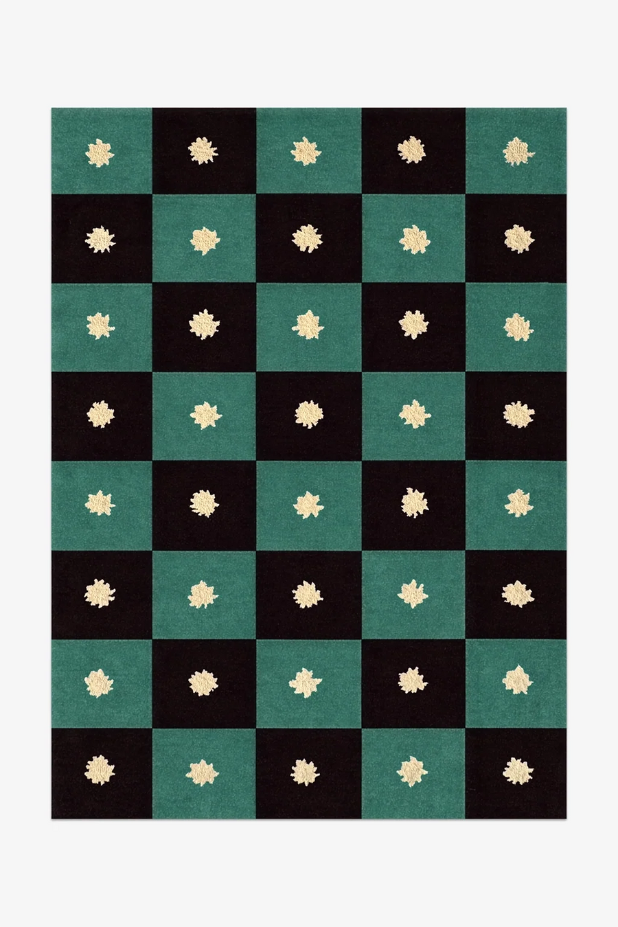 black and green checkered rug with star patterns on a white background