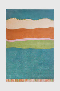 Flatlay of striped teal and orange wool rug with pink and cream bands, coastal boho area rug in custom sizes