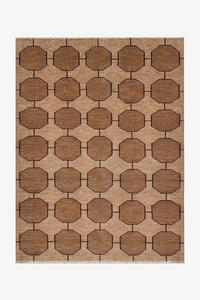 Patterned rug with light taupe geometric design on a beige neutral background | 5x7