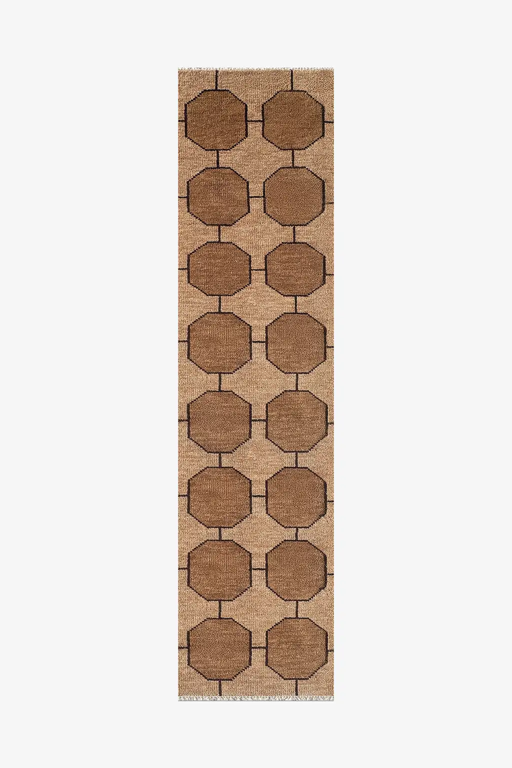 Beige runner rug with brown geometric pattern on a white background