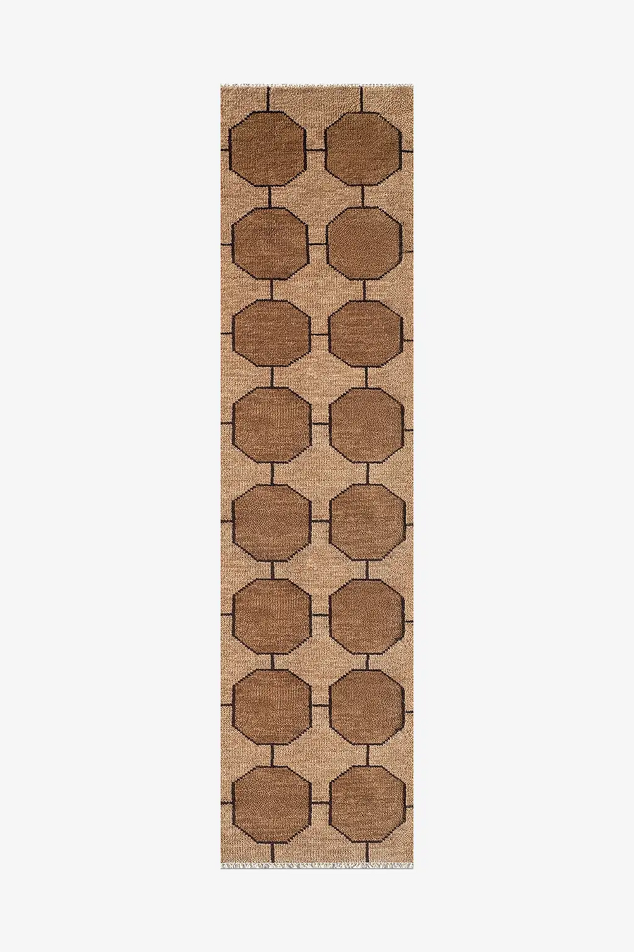 Beige runner rug with brown geometric pattern on a white background