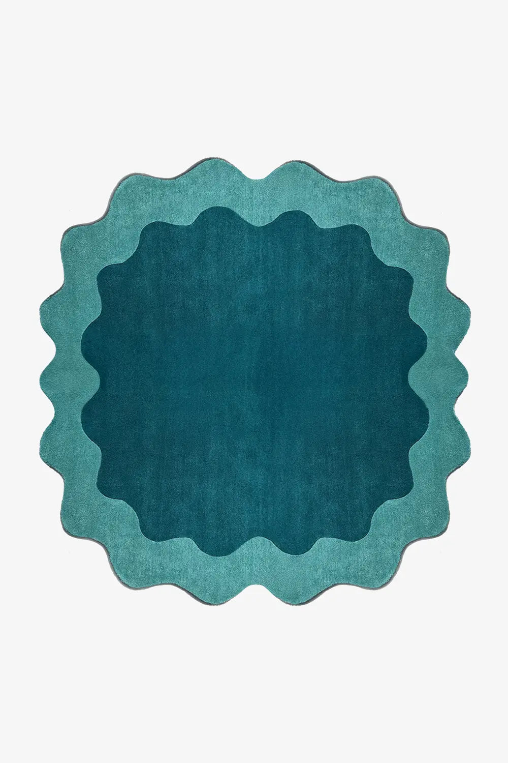 Modern scalloped round rug in teal and turquoise wool, a bold 6 ft circular statement piece for colorful living rooms or unique bedrooms