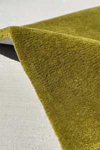 Close-up of a green textured tufted wool rug on a light gray background