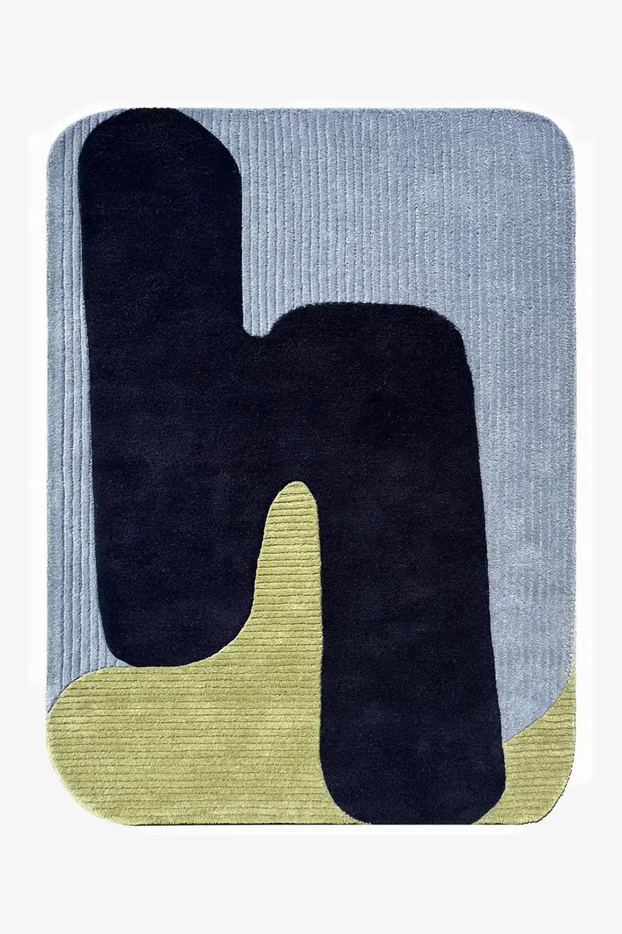 Irregular shaped navy blue and green 8x10 abstract rug with baby blue background, a modern wool rug perfect for living rooms or bedrooms