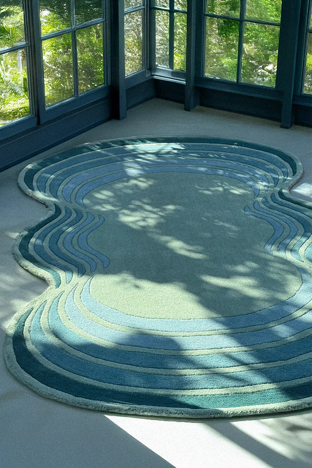 Blue and green patterned rug on a light-colored floor with large windows showing greenery outside.