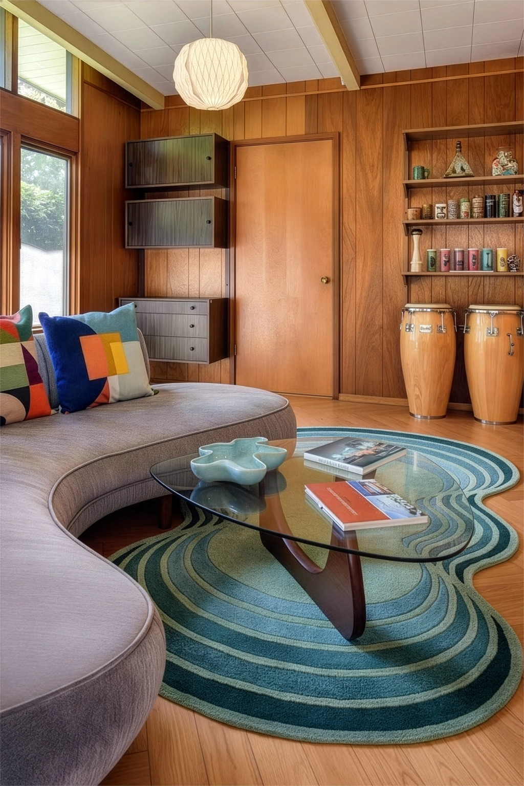 Living room with a curved sofa, colorful pillows, a glass coffee table, and a teal wavy rug lifestyle