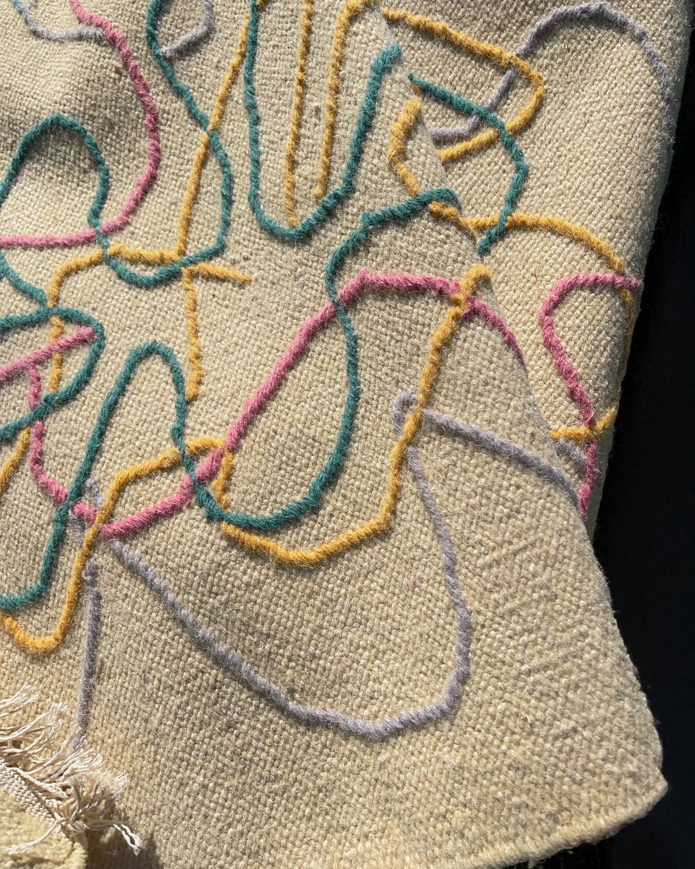 Textured wool accent rug in 2x3 with colorful woven floral outlines, small handmade rug for entryway or kitchen