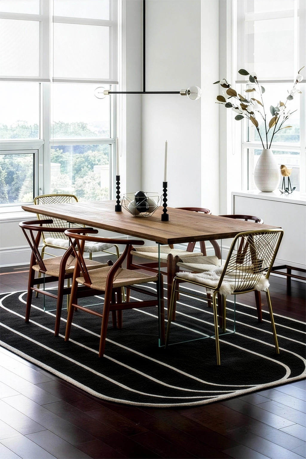 Dining room with wooden table and chairs on a black and white striped rug lifestyle