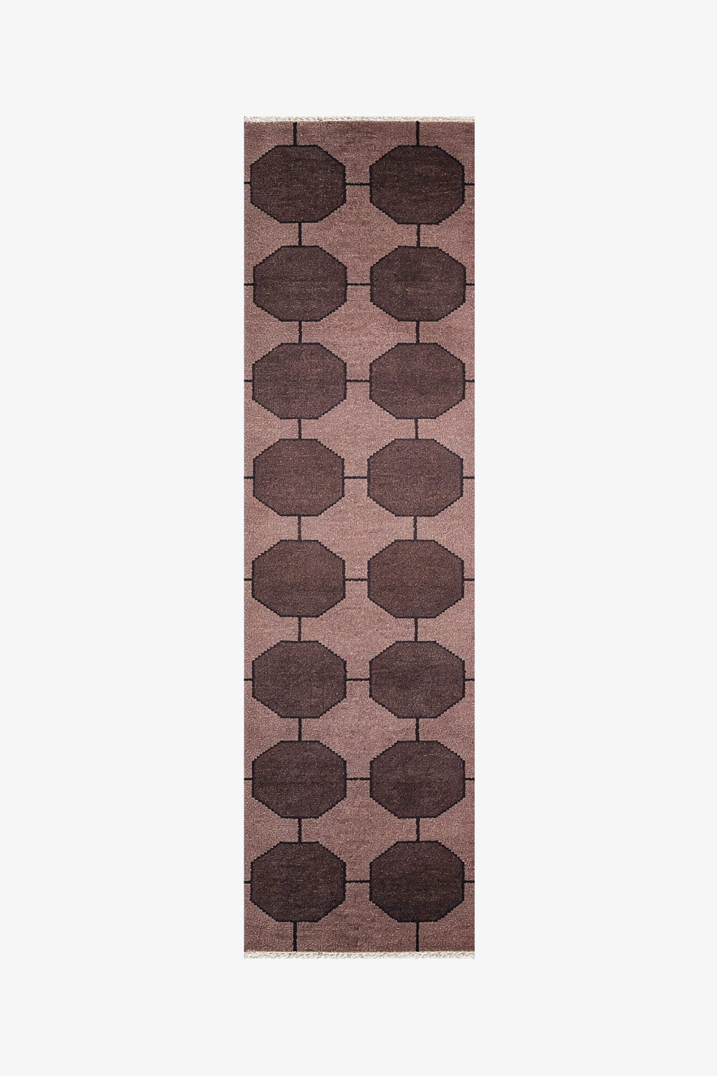 Long dark brown runner rug with a geometric pattern on a white background