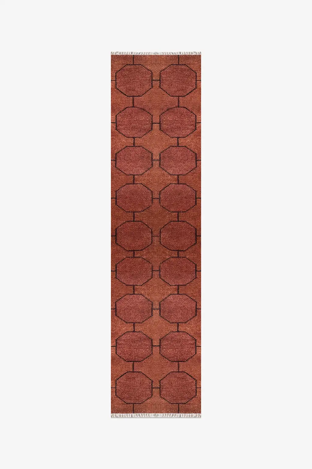 Long brown runner rug with geometric pattern on a white background