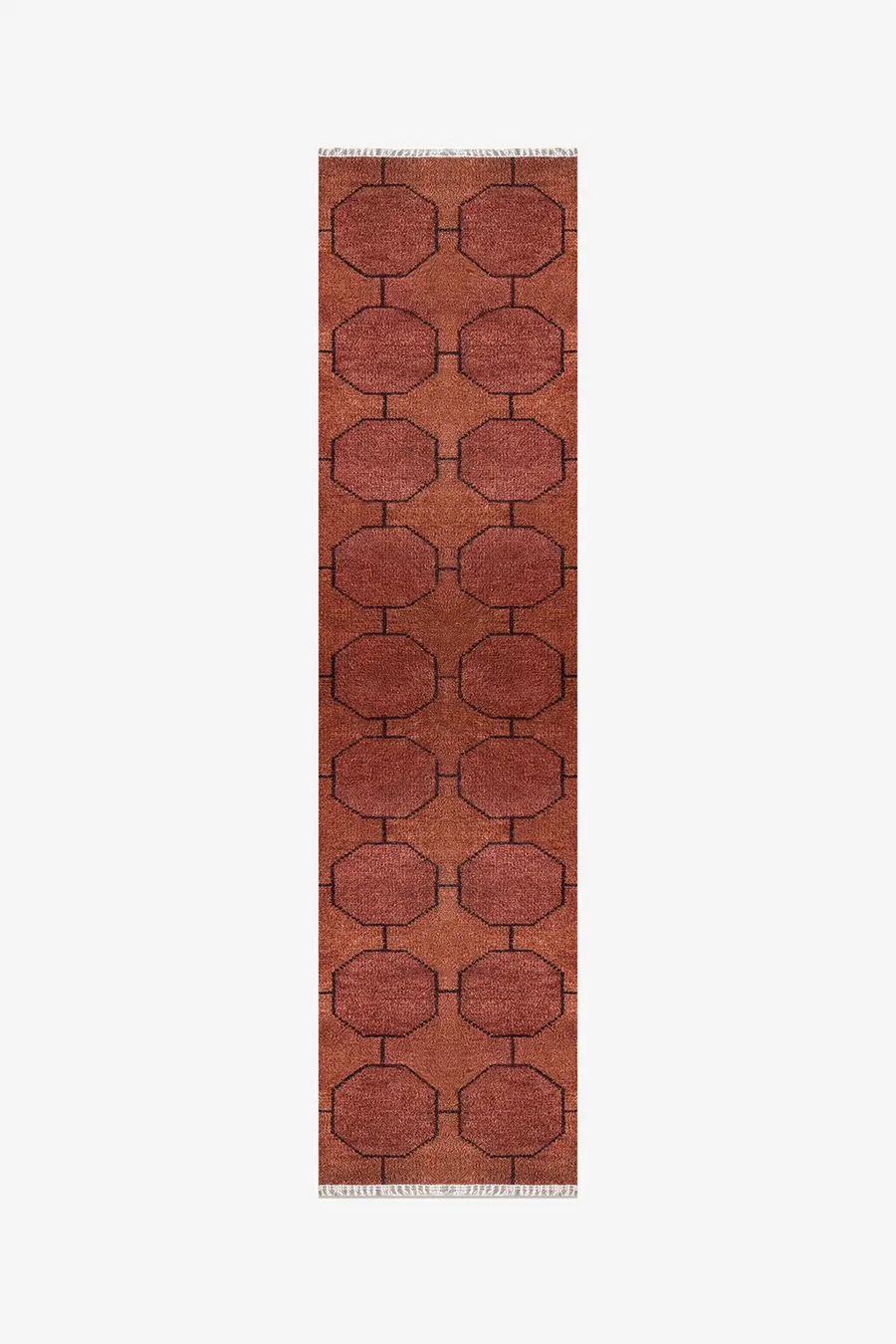Long brown runner rug with geometric pattern on a white background