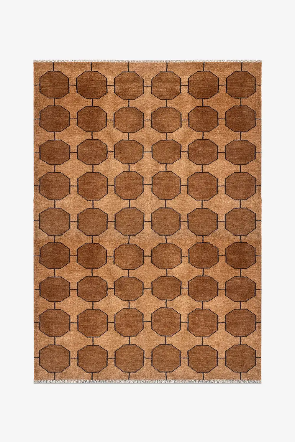 warm golden brown 6x9 geometric patterned rug hand-knotted in wool on a white background